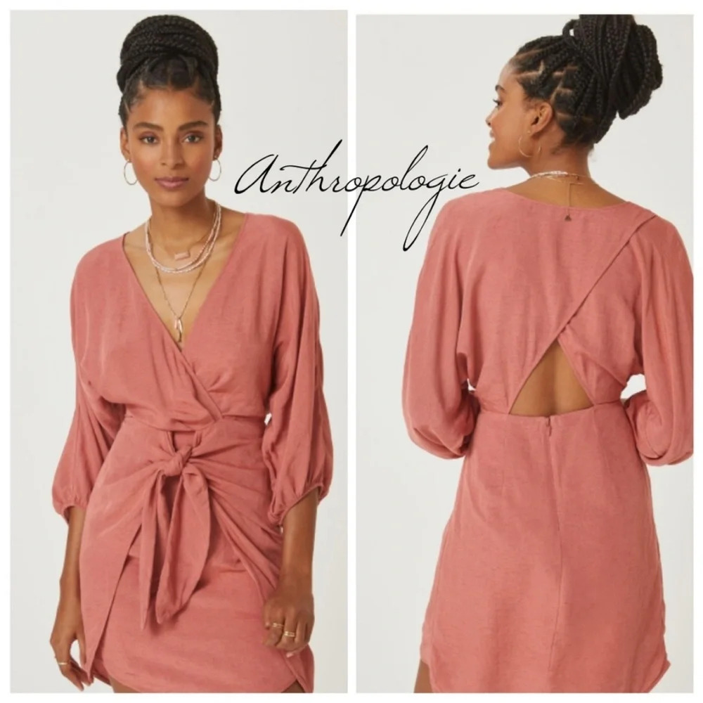 Anthropologie Puff-Sleeve Wrap Mini Dress in Pink Size 2 MSRP $160.